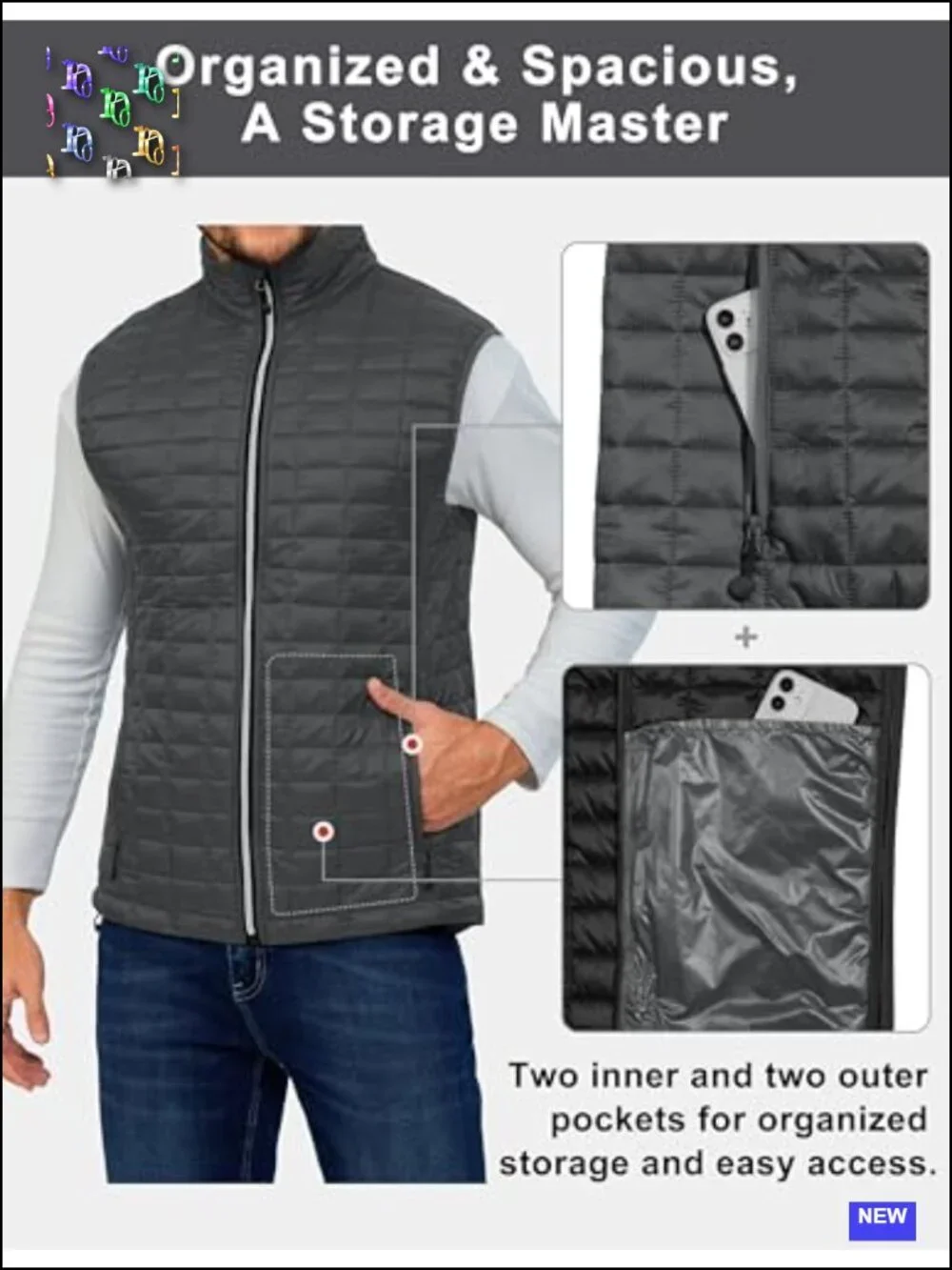 Men's Puffer Vest Insulated Sleeveless Jacket Hiking Travel Golf